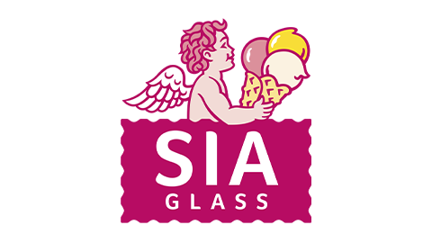 SIA Glass logotyp med ängel som håller flera glasskulor på rosa bakgrund