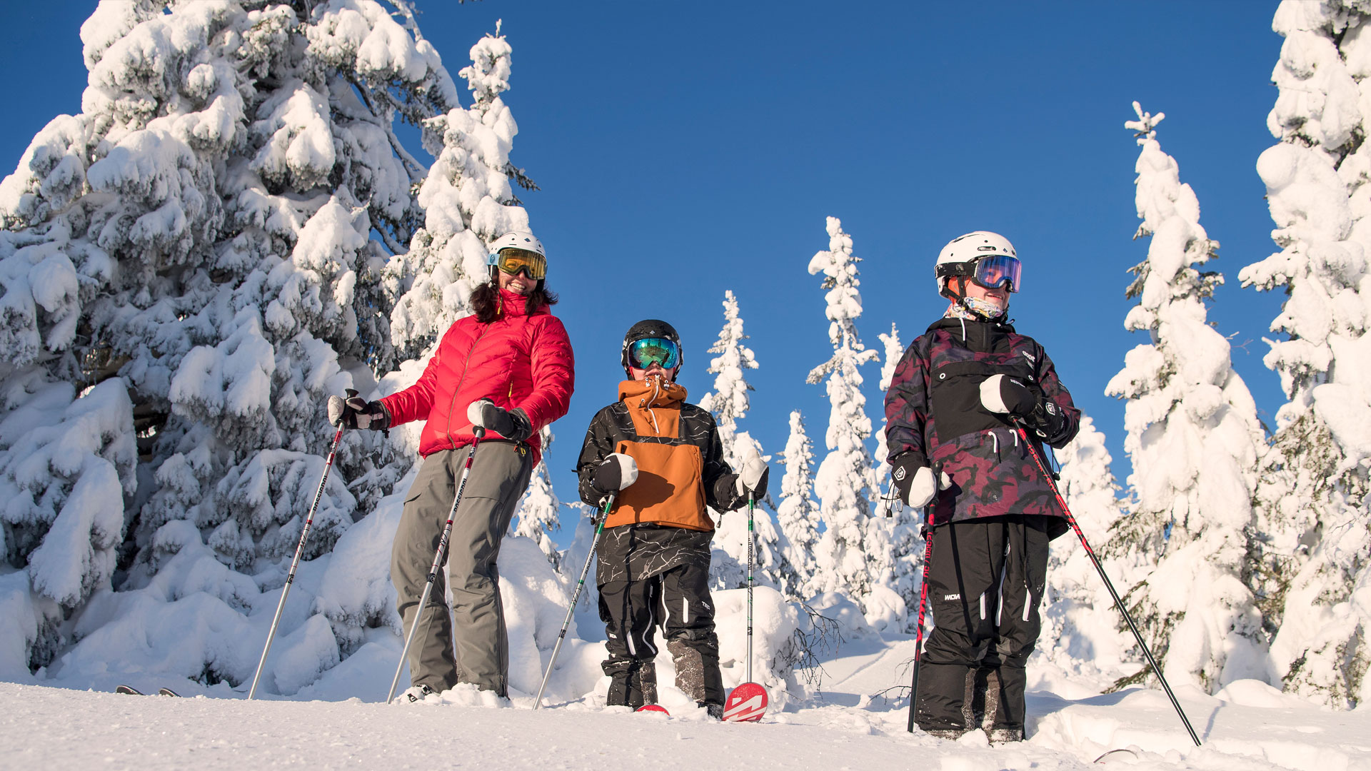 Familie står på ski i vinterligt fjeldlandskab, omgivet af snedækkede træer og en klarblå himmel
