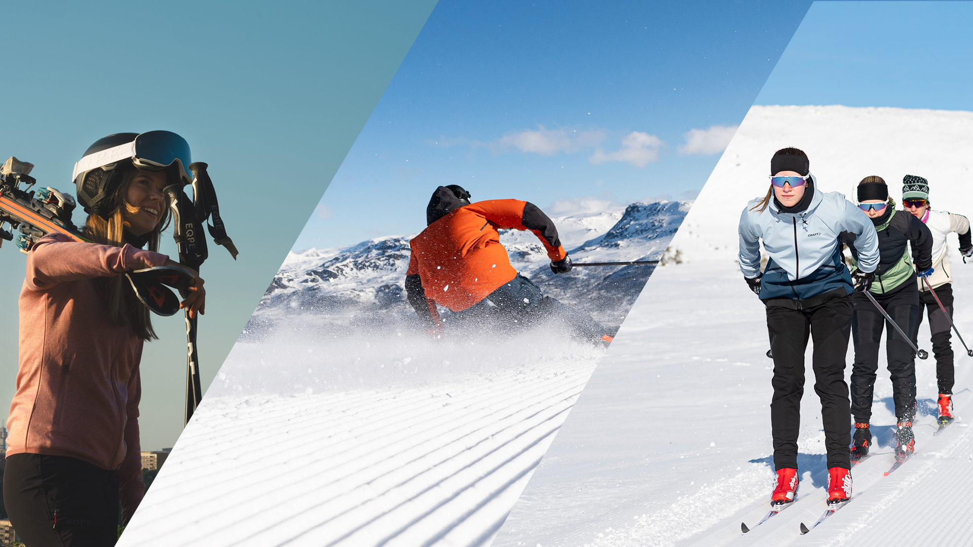 Kvinnlig alpin skidåkare, manlig snowboardåkare i orange jacka i alperna, och en grupp längdskidåkare på en solig vinterdag