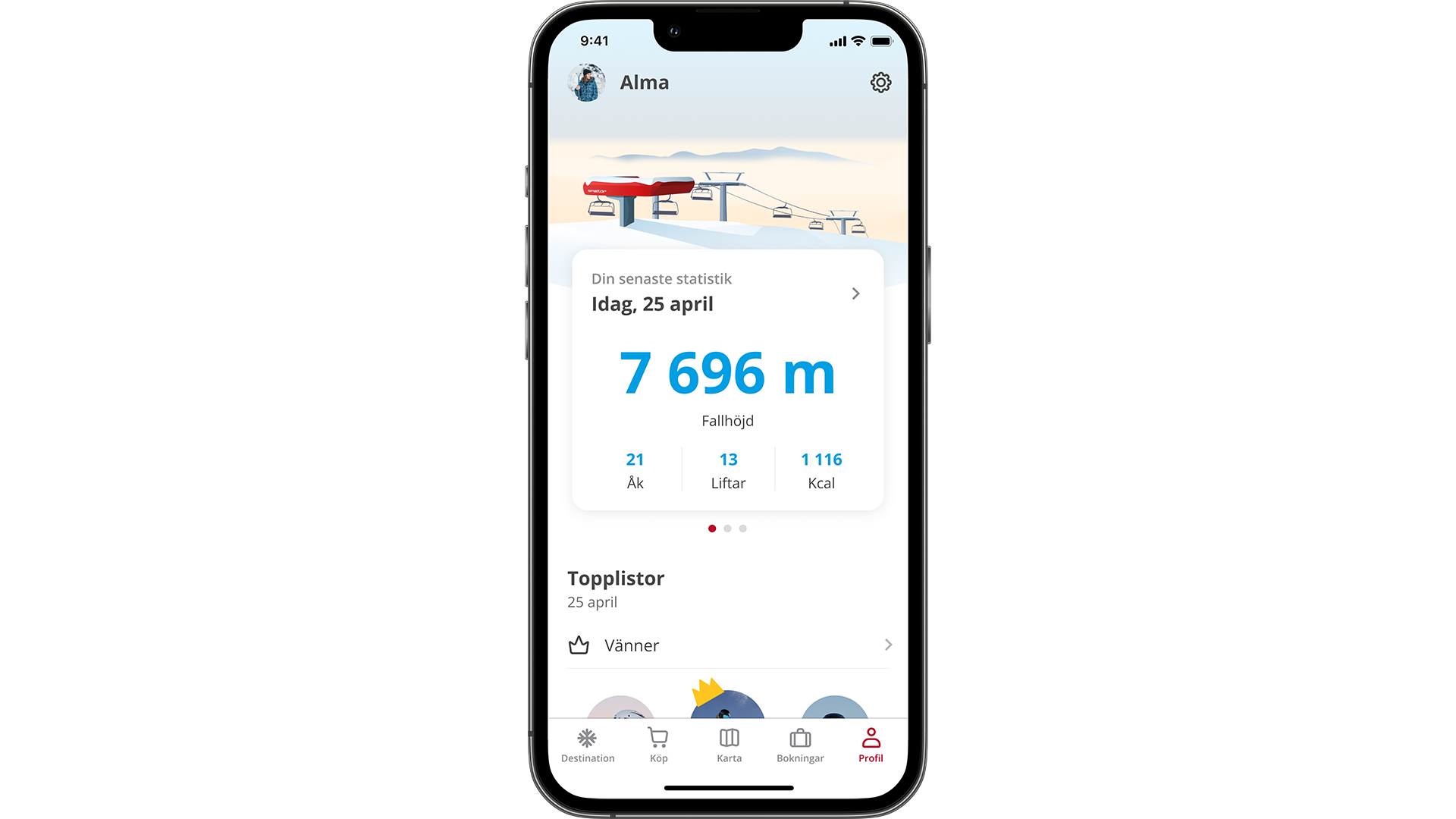 Mobilapp som visar skidstatistik, inklusive antal meter åkt, antal åk, liftar och förbrända kalorier, daterad 25 april. Profilen visar användarnamnet Alma och en vinterlandskapbakgrund