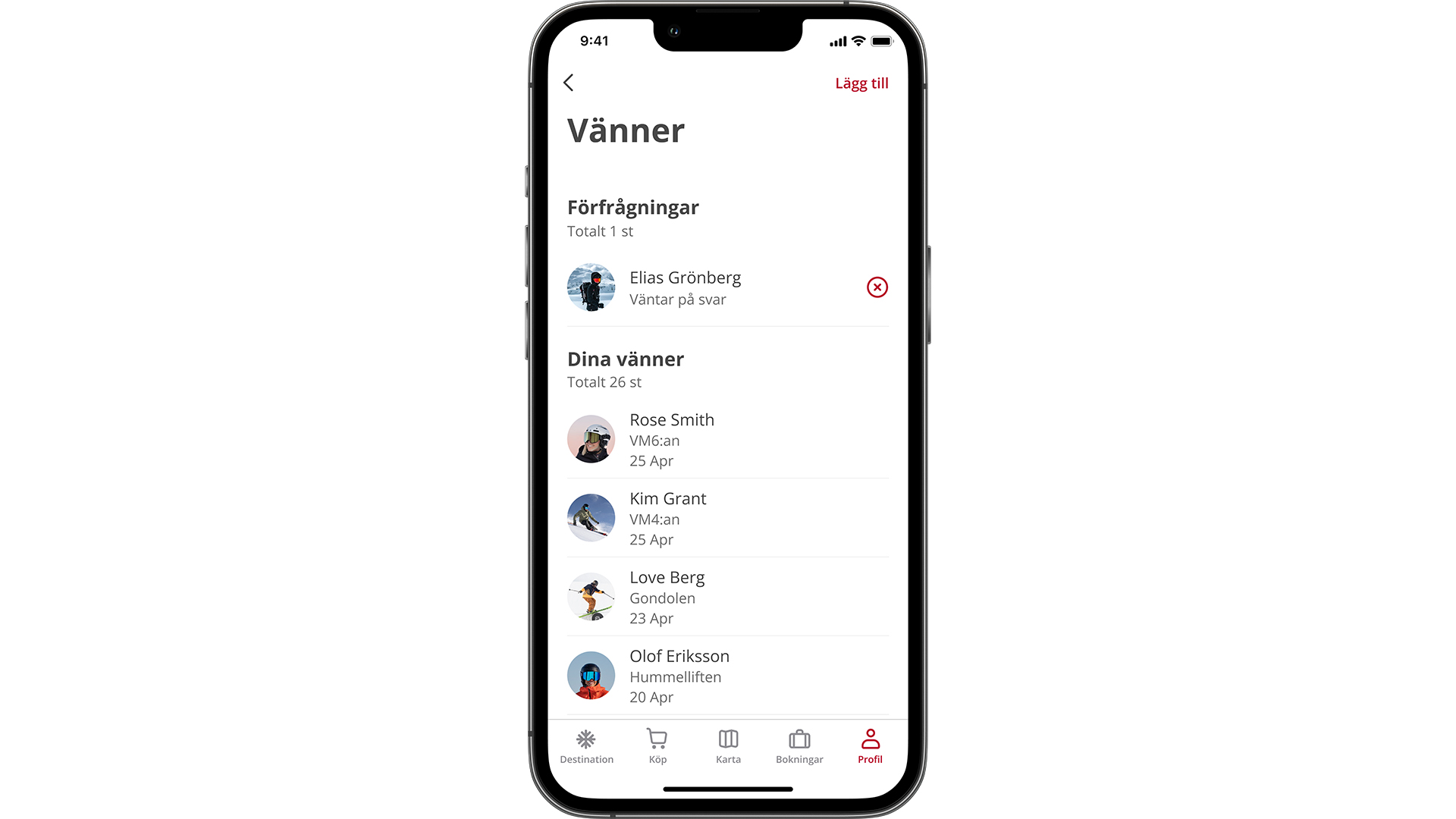 Mobilskärm visar en vänlista i en app med vänförfrågningar och befintliga vänner, inklusive funktioner för navigation och profilhantering