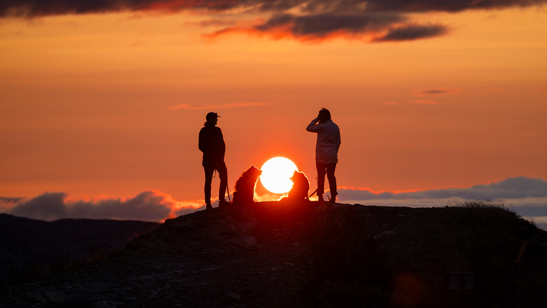 Silhouette von zwei Personen und einem Hund auf einem Berggipfel im Sonnenuntergang, mit einem farbenfrohen Himmel