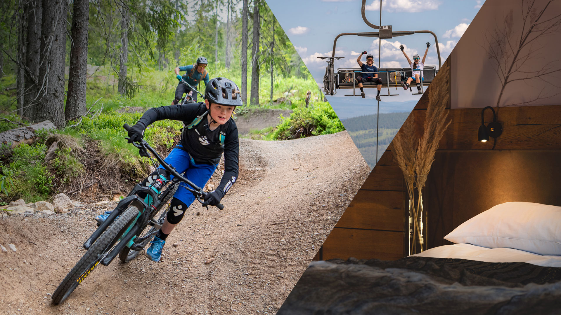 Children biking on a forest trail; people riding a chairlift with bicycles; cozy hotel room with wooden interior in a mountain setting