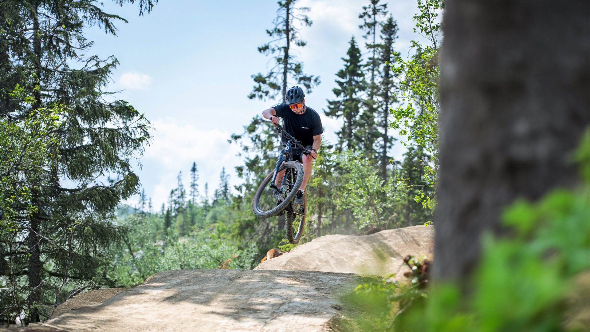 Cyklist utför ett hopp på en mountainbikeled i skogen en solig dag, omgiven av grönskande träd