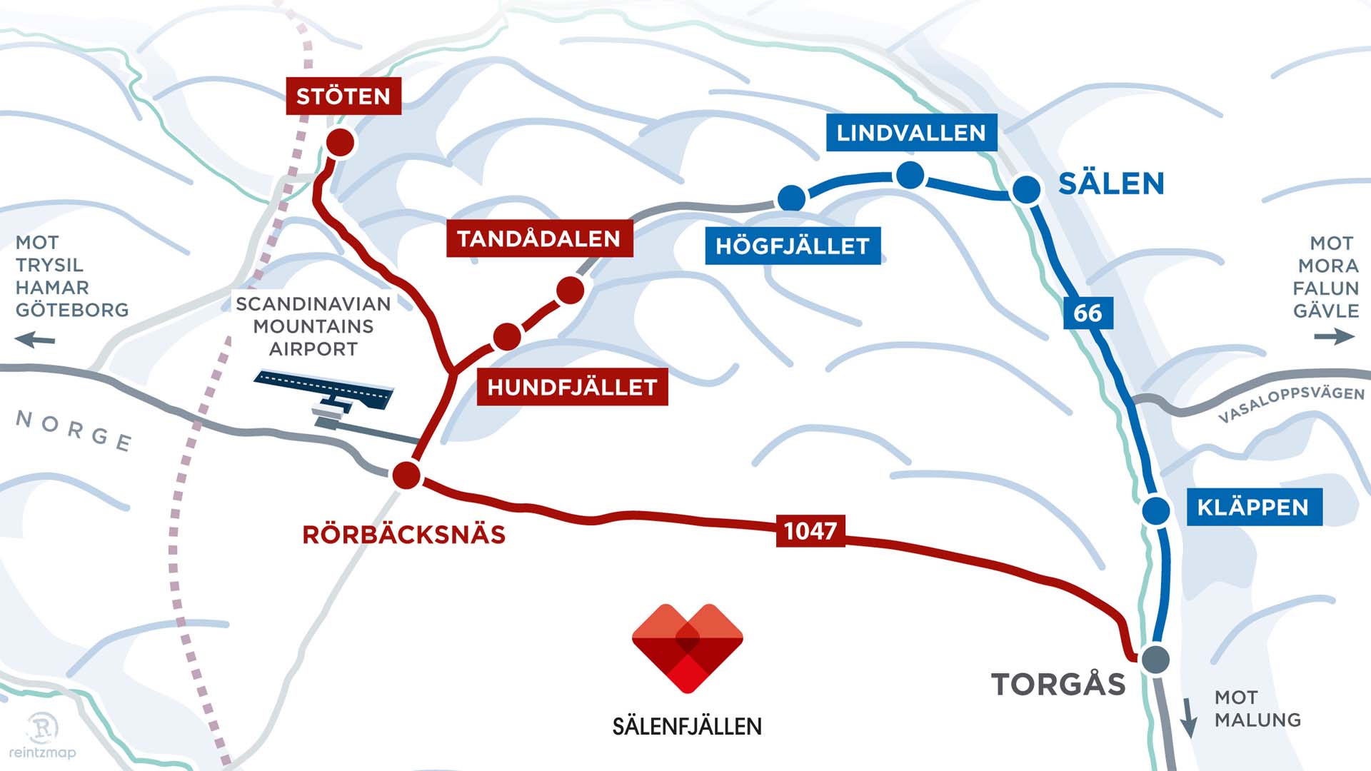 Kort over Sälenfjällen med kørselsvejledning til skisportsstederne Stöten, Tandådalen, Hundfjället, Lindvallen, Högfjället og Kläppen. Viser også Scandinavian Mountains Airport og nærliggende veje