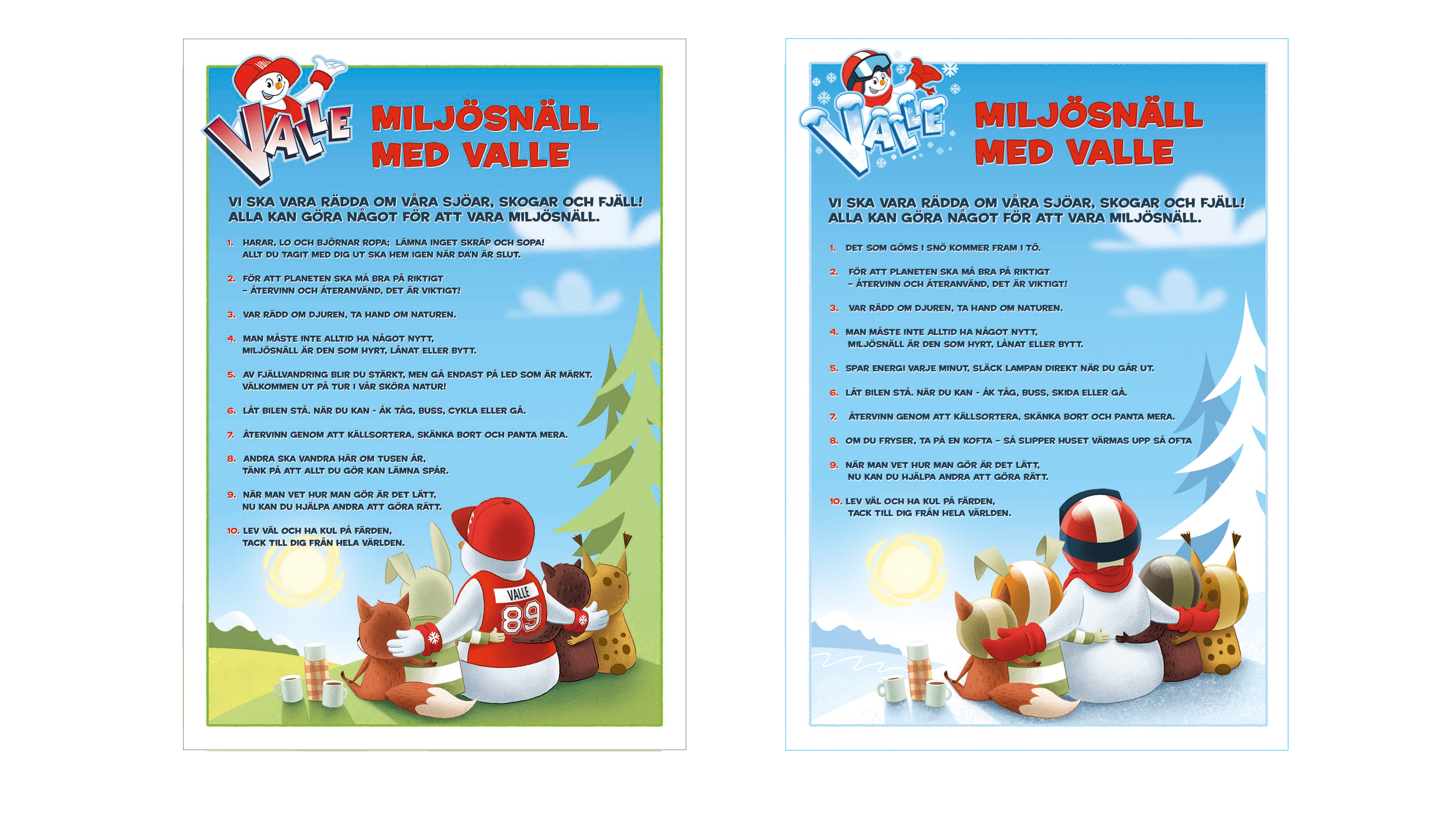 Miljövänlig affisch med Valle och djur, med miljötips för att skydda sjöar, skogar och fjäll i Sverige. Har text om återvinning och naturvård